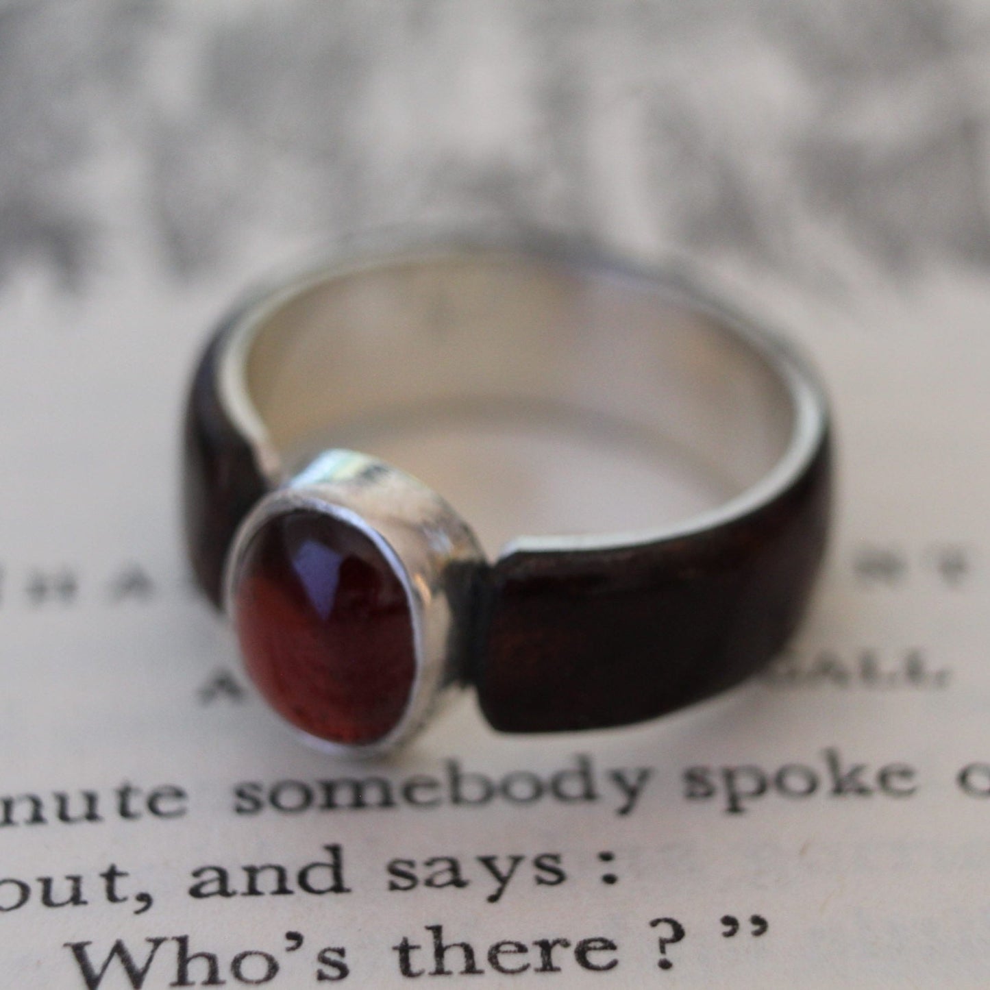 Akley Jewellers Garnet in sterling silver bezel setting and Australian Gidgee hardwood ring