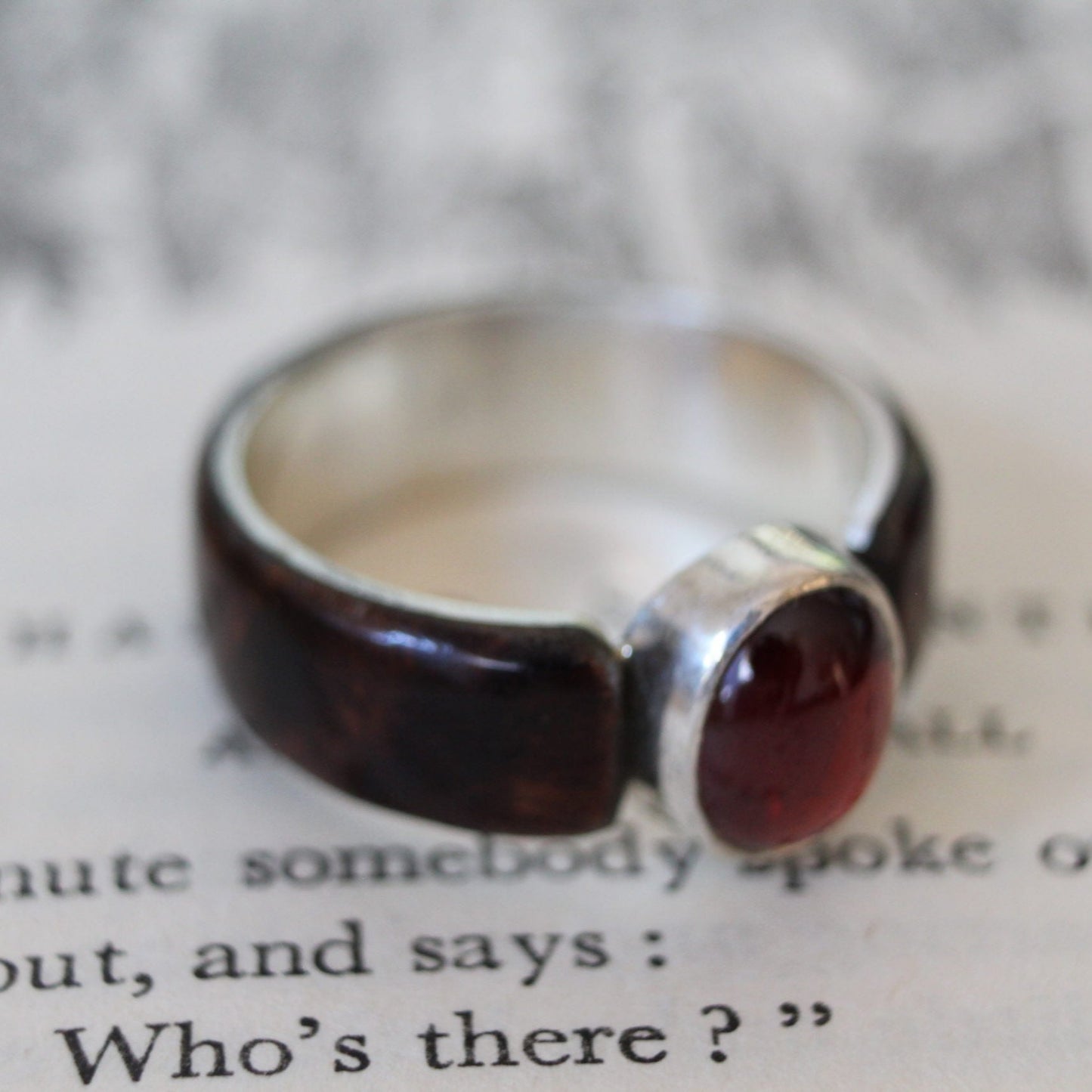 Akley Jewellers Garnet in sterling silver bezel setting and Australian Gidgee hardwood ring