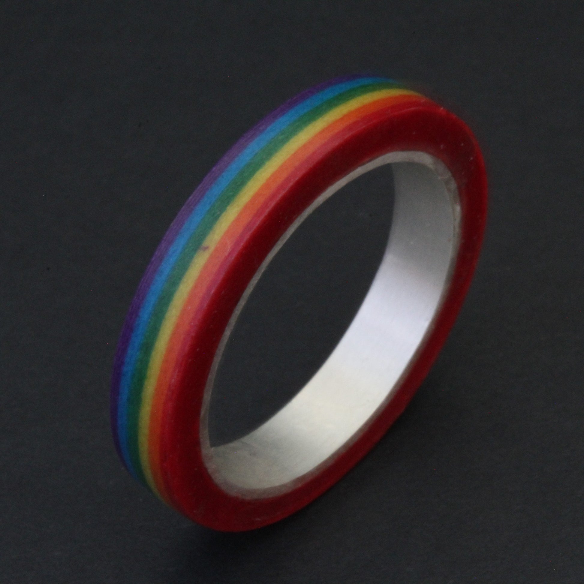 Handcrafted sterling silver band with vibrant LGBTQ+ colours, encased in resin and layered paper, celebrating pride and individuality
