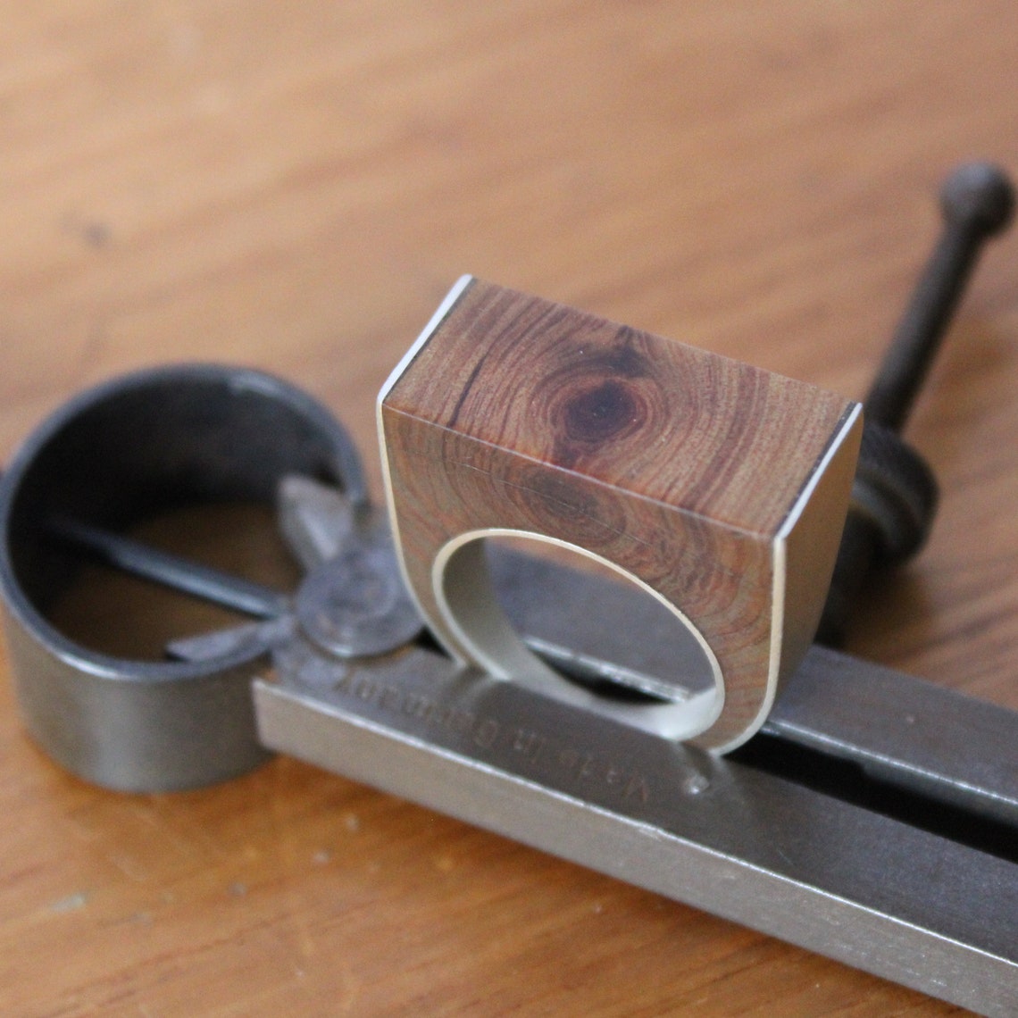 Wood and Silver Block Ring